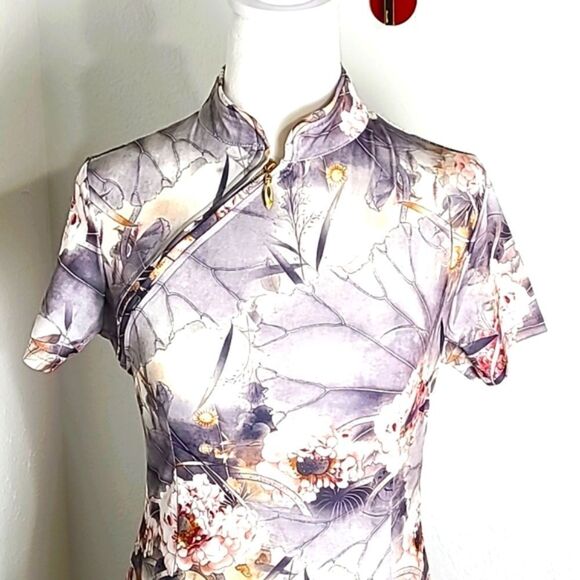 Oxiuly Fashion Gray Dress, White w/Pink Flowers, Zipper Neck to Side, Size Small - Picture 4 of 11